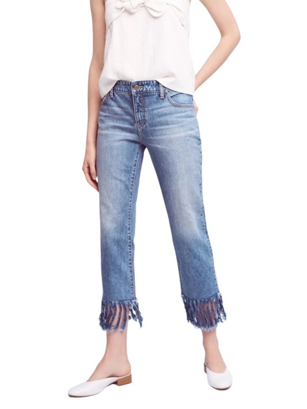 Anthropologie Pilcro Hyphen Boyfriend Jeans light blue fringed ankle hem size 28